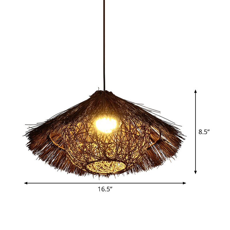 Tapered Hanging Light Chinese Rattan 1 Head Coffee Suspended Lighting Fixture, 16.5