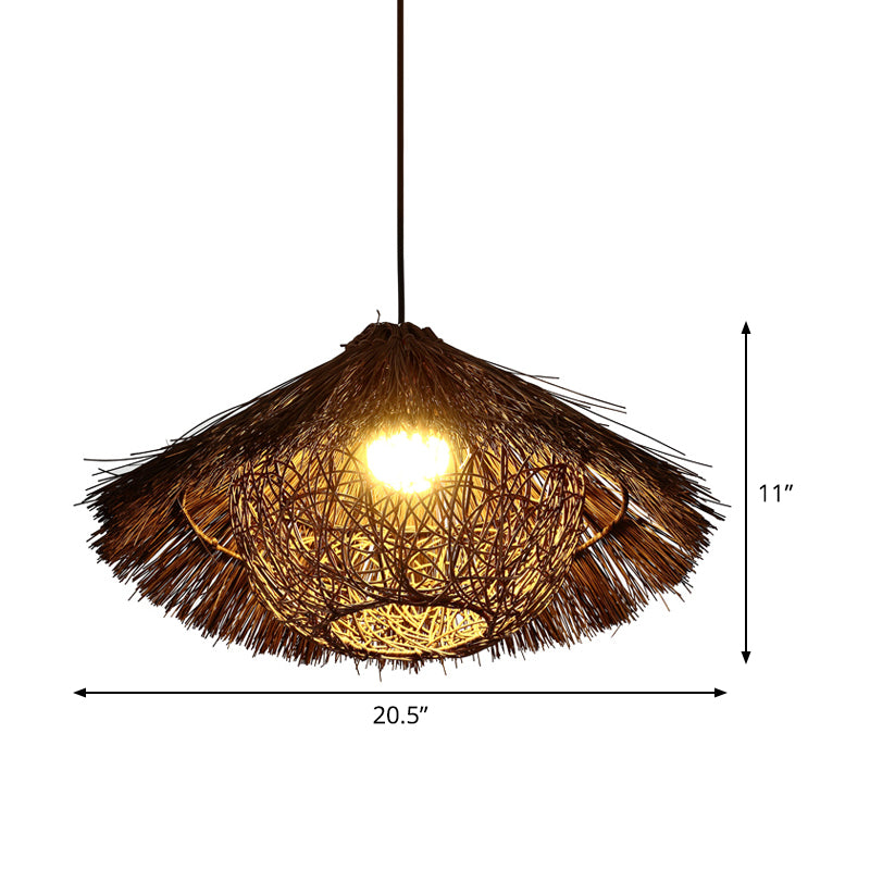 Tapered Hanging Light Chinese Rattan 1 Head Coffee Suspended Lighting Fixture, 16.5