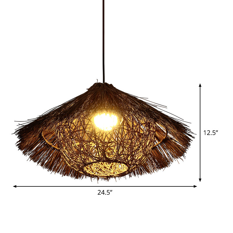 Tapered Hanging Light Chinese Rattan 1 Head Coffee Suspended Lighting Fixture, 16.5