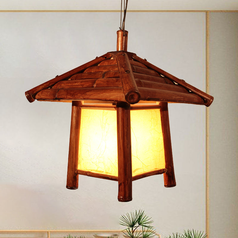 1 Bulb Restaurant Ceiling Light Asian Brown Pendant Lighting Fixture with Tower Wood Shade Clearhalo 'Ceiling Lights' 'Pendant Lights' 'Pendants' Lighting' 380627
