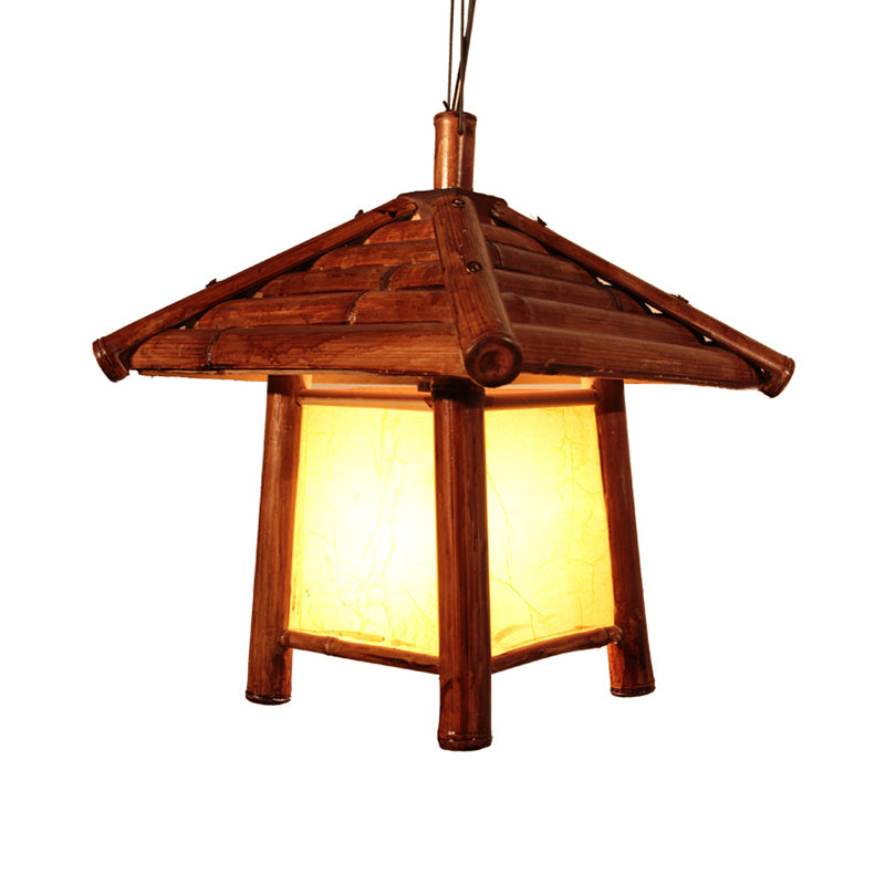 1 Bulb Restaurant Ceiling Light Asian Brown Pendant Lighting Fixture with Tower Wood Shade Clearhalo 'Ceiling Lights' 'Pendant Lights' 'Pendants' Lighting' 380629
