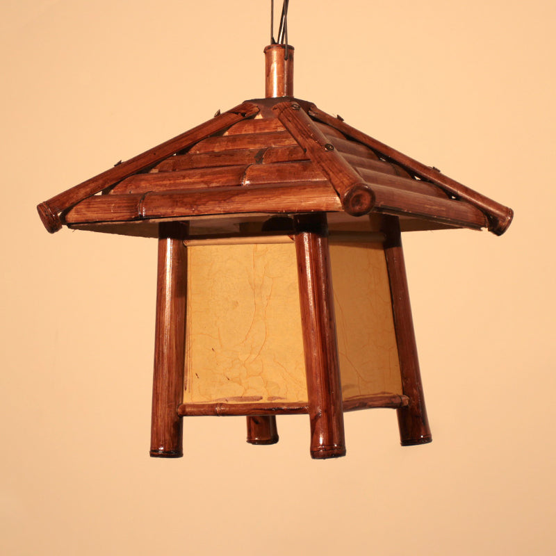 1 Bulb Restaurant Ceiling Light Asian Brown Pendant Lighting Fixture with Tower Wood Shade Clearhalo 'Ceiling Lights' 'Pendant Lights' 'Pendants' Lighting' 380630