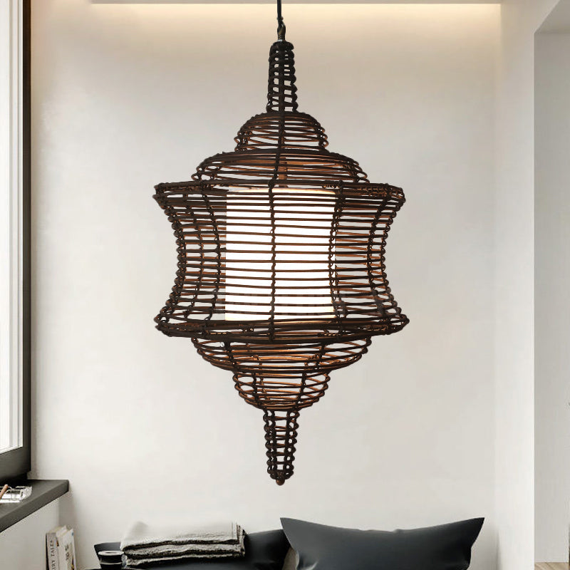 Curvy Ceiling Lamp Asia Rattan 1 Bulb Coffee Hanging Pendant Light with Inner White Tubular Shade Clearhalo 'Ceiling Lights' 'Pendant Lights' 'Pendants' Lighting' 380661