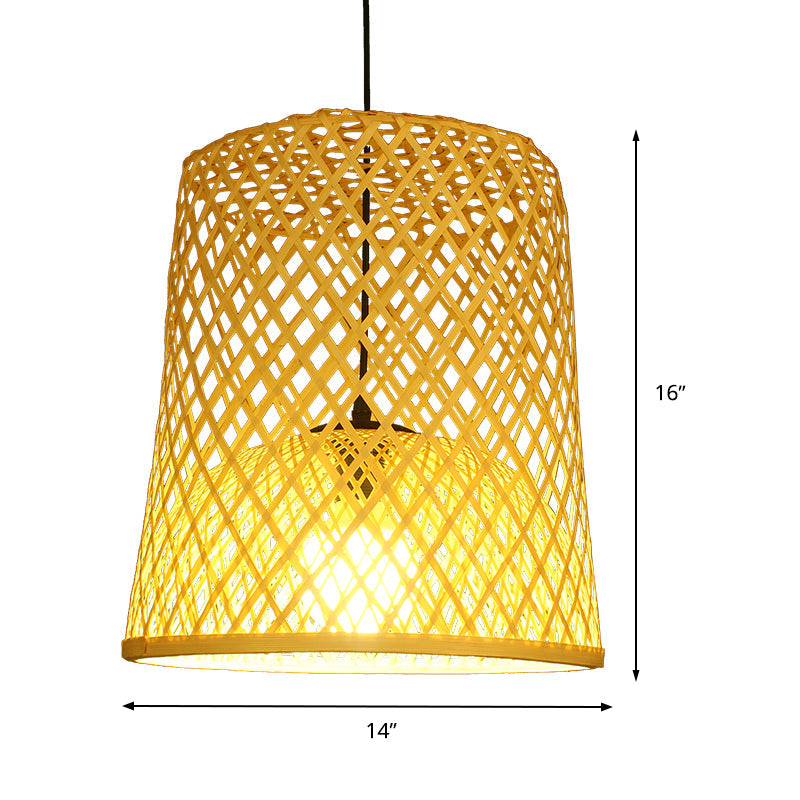 Barrel Bamboo Ceiling Lamp Asian 1 Head Beige Pendant Lighting Fixture for Restaurant Clearhalo 'Ceiling Lights' 'Pendant Lights' 'Pendants' Lighting' 380755