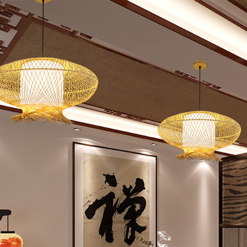 Oval Pendant Lamp Asia Bamboo 1 Bulb Khaki Ceiling Hanging Light with Inner Cylinder White Shade Clearhalo 'Ceiling Lights' 'Pendant Lights' 'Pendants' Lighting' 380773