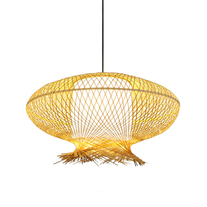 Oval Pendant Lamp Asia Bamboo 1 Bulb Khaki Ceiling Hanging Light with Inner Cylinder White Shade Clearhalo 'Ceiling Lights' 'Pendant Lights' 'Pendants' Lighting' 380774