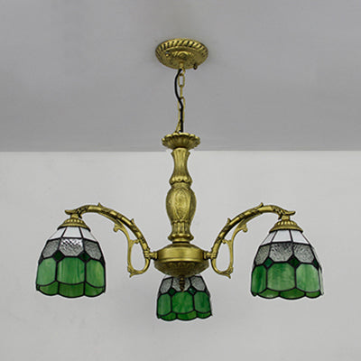 Brass Finish Dome Chandelier Light with Adjustable Chain Vintage 3 Lights Hanging Light in Orange/Green/Clear/Blue Green Clearhalo 'Ceiling Lights' 'Chandeliers' 'Clear' 'Industrial' 'Middle Century Chandeliers' 'Modern' 'Tiffany Chandeliers' 'Tiffany close to ceiling' 'Tiffany' 'Traditional Chandeliers' Lighting' 38078