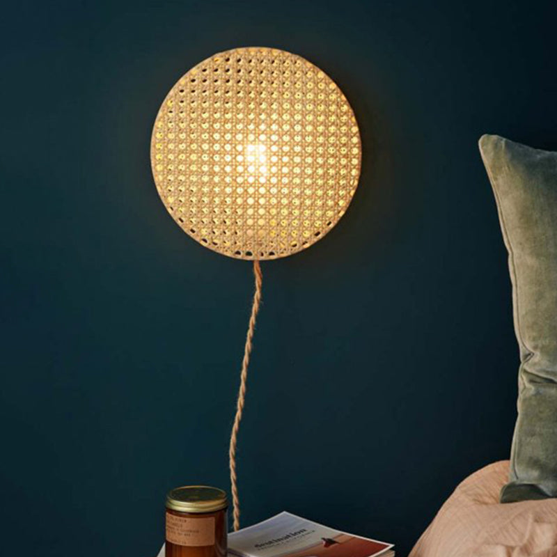 Round Sconce Light Chinese Bamboo 1 Head Beige Wall Mounted Lighting for Bedside Beige Clearhalo 'Wall Lamps & Sconces' 'Wall Lights' Lighting' 380805