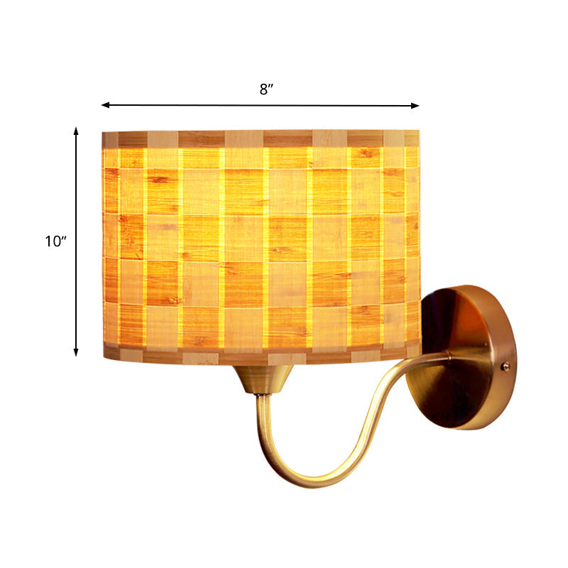 Wood Drum Wall Lighting Chinese 1 Head Beige Sconce Light Fixture with Metal Curved Arm Clearhalo 'Wall Lamps & Sconces' 'Wall Lights' Lighting' 380824