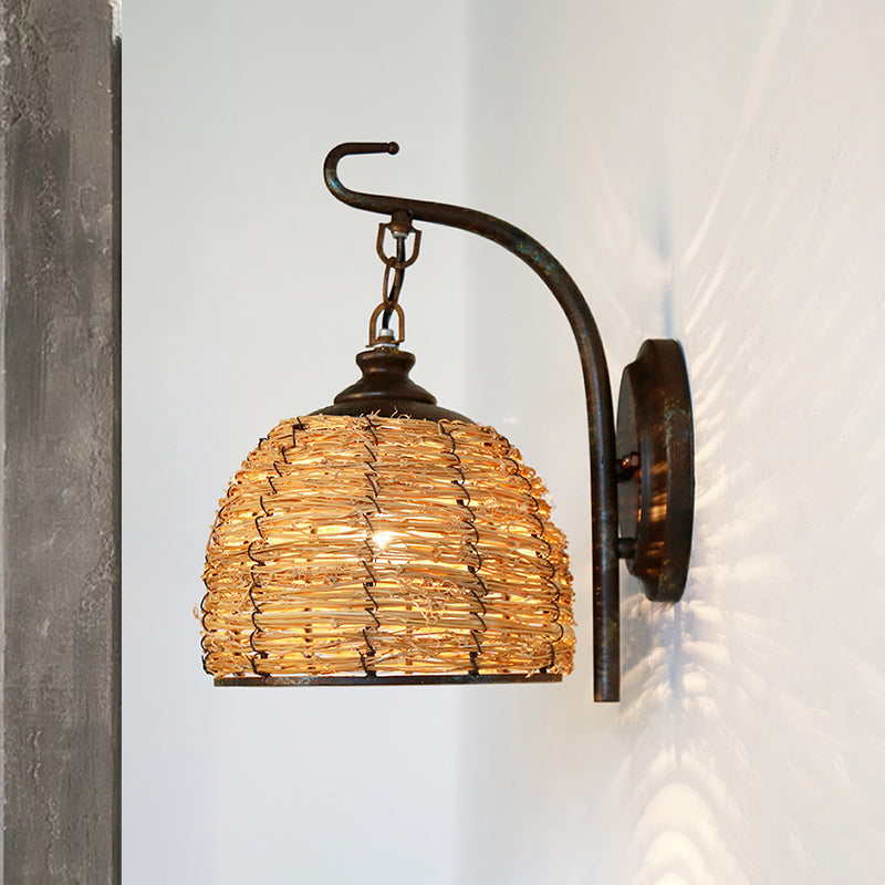 1 Bulb Domed Wall Lighting Japanese Rattan Sconce Light Fixture in Flaxen with Metal Curved Arm Flaxen Clearhalo 'Wall Lamps & Sconces' 'Wall Lights' Lighting' 380898