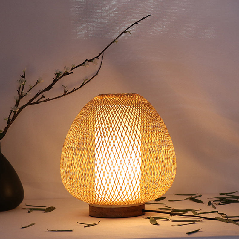 1 Head Bedroom Task Light Asian Wood Small Desk Lamp with Handcrafted Bamboo Shade Wood Clearhalo 'Lamps' 'Table Lamps' Lighting' 380954