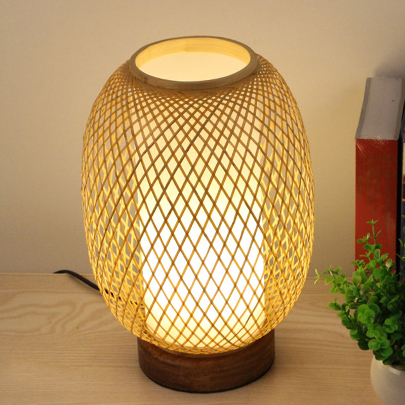 Lantern Desk Lamp Japanese Bamboo 1 Head Beige Task Light with Circular Wood Base Clearhalo 'Lamps' 'Table Lamps' Lighting' 380960