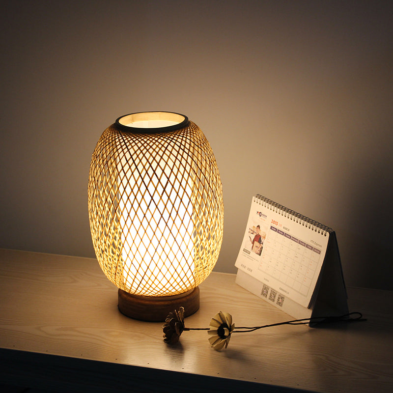 Lantern Desk Lamp Japanese Bamboo 1 Head Beige Task Light with Circular Wood Base Clearhalo 'Lamps' 'Table Lamps' Lighting' 380961