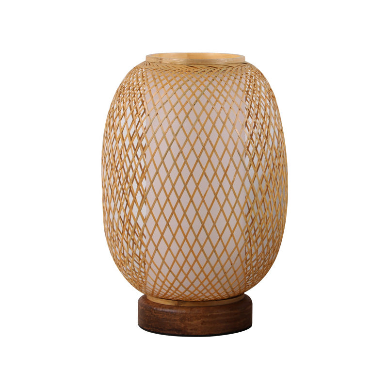 Lantern Desk Lamp Japanese Bamboo 1 Head Beige Task Light with Circular Wood Base Clearhalo 'Lamps' 'Table Lamps' Lighting' 380962