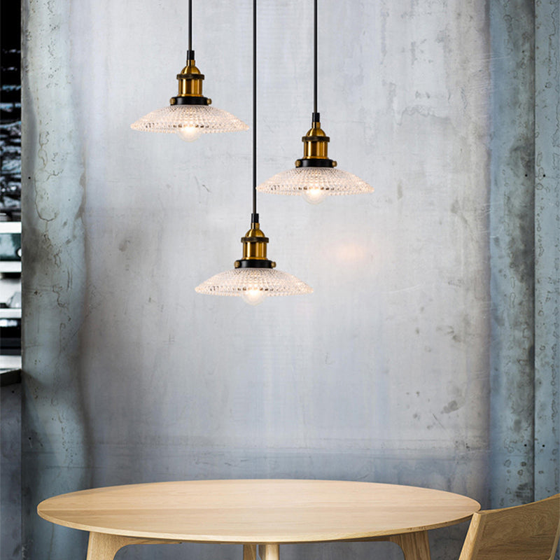 Grid Glass Brass Ceiling Light Bowl/Dome/Saucer Shade 1-Light Industrial Hanging Light Fixture for Kitchen Brass Saucer Clearhalo 'Ceiling Lights' 'Glass shade' 'Glass' 'Industrial Pendants' 'Industrial' 'Middle Century Pendants' 'Pendant Lights' 'Pendants' 'Tiffany' Lighting' 381105