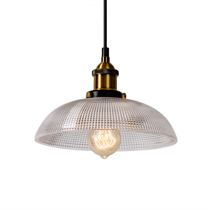 Grid Glass Brass Ceiling Light Bowl/Dome/Saucer Shade 1-Light Industrial Hanging Light Fixture for Kitchen Clearhalo 'Ceiling Lights' 'Glass shade' 'Glass' 'Industrial Pendants' 'Industrial' 'Middle Century Pendants' 'Pendant Lights' 'Pendants' 'Tiffany' Lighting' 381111