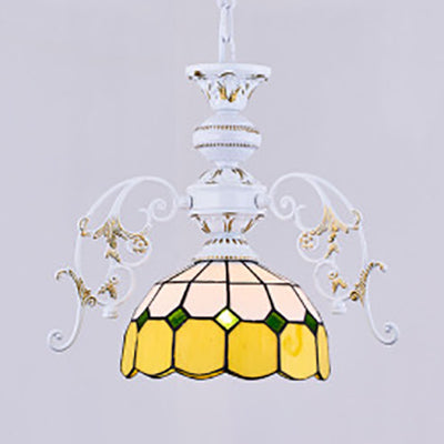 1 Light Semi Globe Ceiling Light with Adjustable Chain Tiffany Stained Glass Pendant Lighting in Yellow/Orange/Blue/Green/Blue-Clear Yellow Clearhalo 'Ceiling Lights' 'Chandeliers' 'Industrial' 'Middle Century Chandeliers' 'Tiffany Chandeliers' 'Tiffany close to ceiling' 'Tiffany' Lighting' 38128