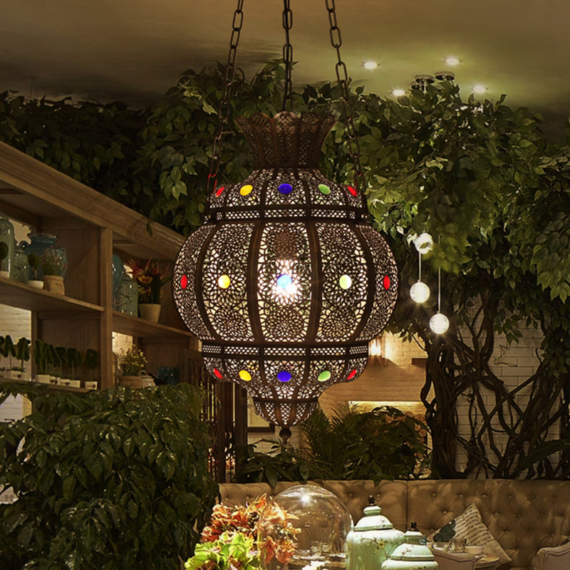 1 Head Carved Pendant Light Antique Bronze Metal Suspended Lighting Fixture for Restaurant Bronze Clearhalo 'Ceiling Lights' 'Pendant Lights' 'Pendants' Lighting' 381506_4d55604f-00c4-4e62-b297-0c8a852697f7