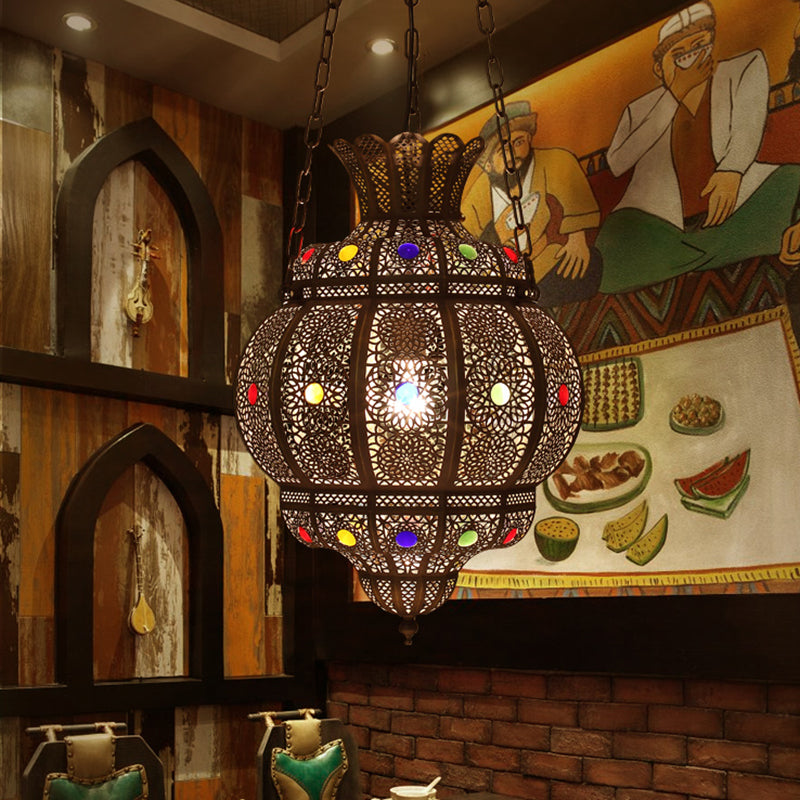 1 Head Carved Pendant Light Antique Bronze Metal Suspended Lighting Fixture for Restaurant Clearhalo 'Ceiling Lights' 'Pendant Lights' 'Pendants' Lighting' 381507