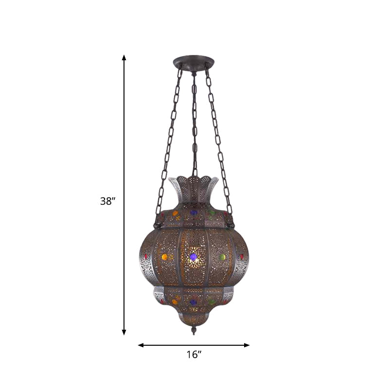 1 Head Carved Pendant Light Antique Bronze Metal Suspended Lighting Fixture for Restaurant Clearhalo 'Ceiling Lights' 'Pendant Lights' 'Pendants' Lighting' 381510