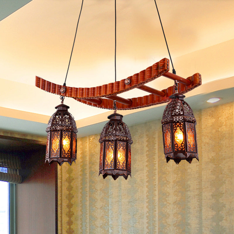 Wood Lantern Pendant Chandelier Arab Metal 3 Bulbs Dining Room Ceiling Suspension Lamp Wood Clearhalo 'Ceiling Lights' 'Chandeliers' Lighting' options 381606_e40f1b7c-7fb0-45b7-b3a2-8914a13a6785