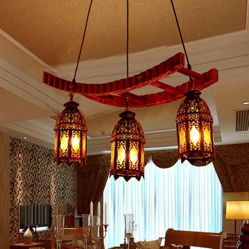 Wood Lantern Pendant Chandelier Arab Metal 3 Bulbs Dining Room Ceiling Suspension Lamp Clearhalo 'Ceiling Lights' 'Chandeliers' Lighting' options 381607