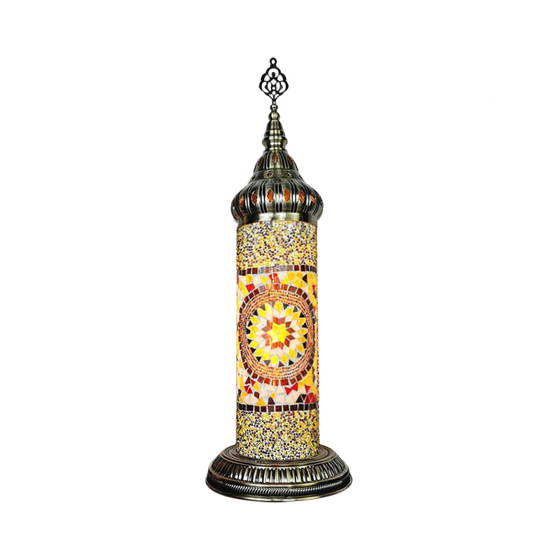 Cylinder Bedroom Table Lamp Traditional Stained Glass Yellow/Blue/Green LED Night Light Clearhalo 'Lamps' 'Table Lamps' Lighting' 381672