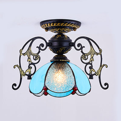 Blue/Clear Mini Semi Flushmount with Petal Shade Tiffany 1 Light Semi Flush Light in Black Finish for Balcony Blue Clearhalo 'Ceiling Lights' 'Close To Ceiling Lights' 'Close to ceiling' 'Glass shade' 'Glass' 'Semi-flushmount' 'Tiffany close to ceiling' 'Tiffany' Lighting' 38177