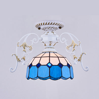 White Finish Semi Flush Light with Dome Shade Stained Glass Tiffany Style 1 Light Ceiling Fixture in Yellow/Orange/Green/Blue-Clear/Blue Blue Clearhalo 'Ceiling Lights' 'Close To Ceiling Lights' 'Close to ceiling' 'Glass shade' 'Glass' 'Semi-flushmount' 'Tiffany close to ceiling' 'Tiffany' Lighting' 38190