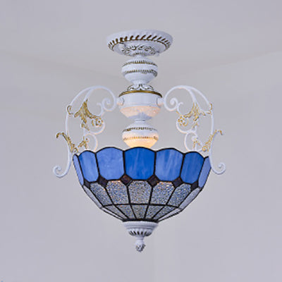 2 Bulbs Bowl Semi Flush Light with Blue Diamond/Blue Square/Red Diamond/Square Tiffany Stained Glass Semi Flushmount in White White Square Clearhalo 'Ceiling Lights' 'Close To Ceiling Lights' 'Close to ceiling' 'Glass shade' 'Glass' 'Semi-flushmount' 'Tiffany close to ceiling' 'Tiffany' Lighting' 38210