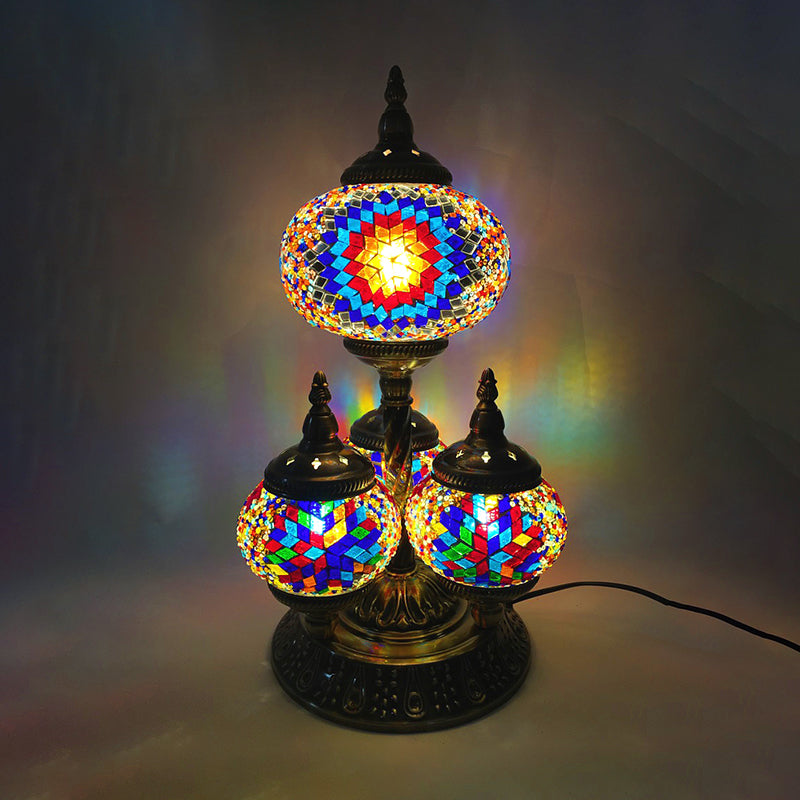 Elliptical Study Room Reading Light Vintage Stained Glass 4 Heads Yellow/Blue/Green Night Table Lamp Blue-Red Clearhalo 'Lamps' 'Table Lamps' Lighting' 384082