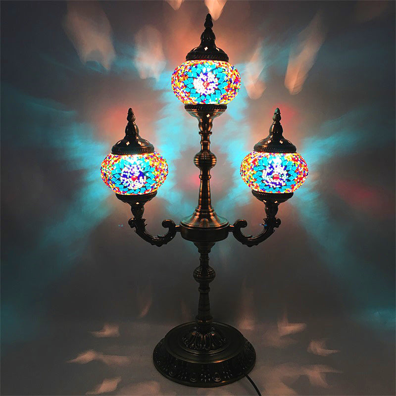 3 Lights Trident Night Light Traditional Beige/Orange/Blue Multicolored Stained Glass for Bedside Blue Clearhalo 'Lamps' 'Table Lamps' Lighting' 384099