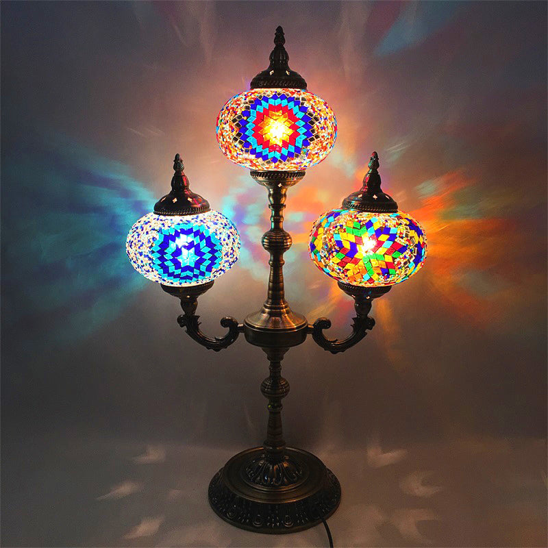 Oval Bedroom Night Table Lamp Traditional Stained Glass 3 Heads Yellow/Blue Small Desk Lamp Blue Clearhalo 'Lamps' 'Table Lamps' Lighting' 384112