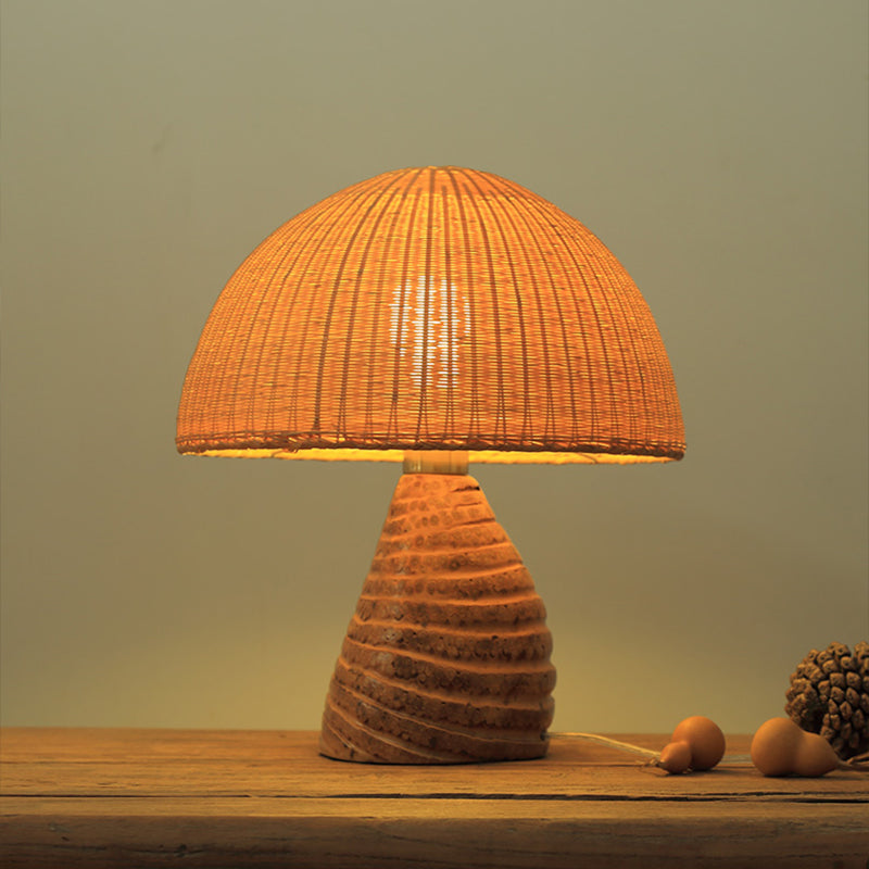 Domed Bamboo Small Desk Lamp Asian 1 Head Beige Task Lighting with Curvy Wood Base Beige Clearhalo 'Lamps' 'Table Lamps' Lighting' 384741