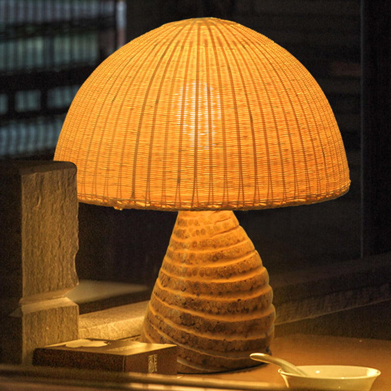 Domed Bamboo Small Desk Lamp Asian 1 Head Beige Task Lighting with Curvy Wood Base Clearhalo 'Lamps' 'Table Lamps' Lighting' 384742