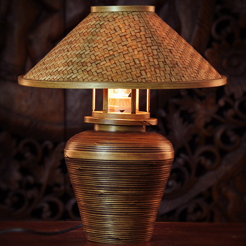 Asian Urn Desk Lamp Wood 1 Head Task Lighting in Brown with Tapered Bamboo Shade Clearhalo 'Lamps' 'Table Lamps' Lighting' 384747