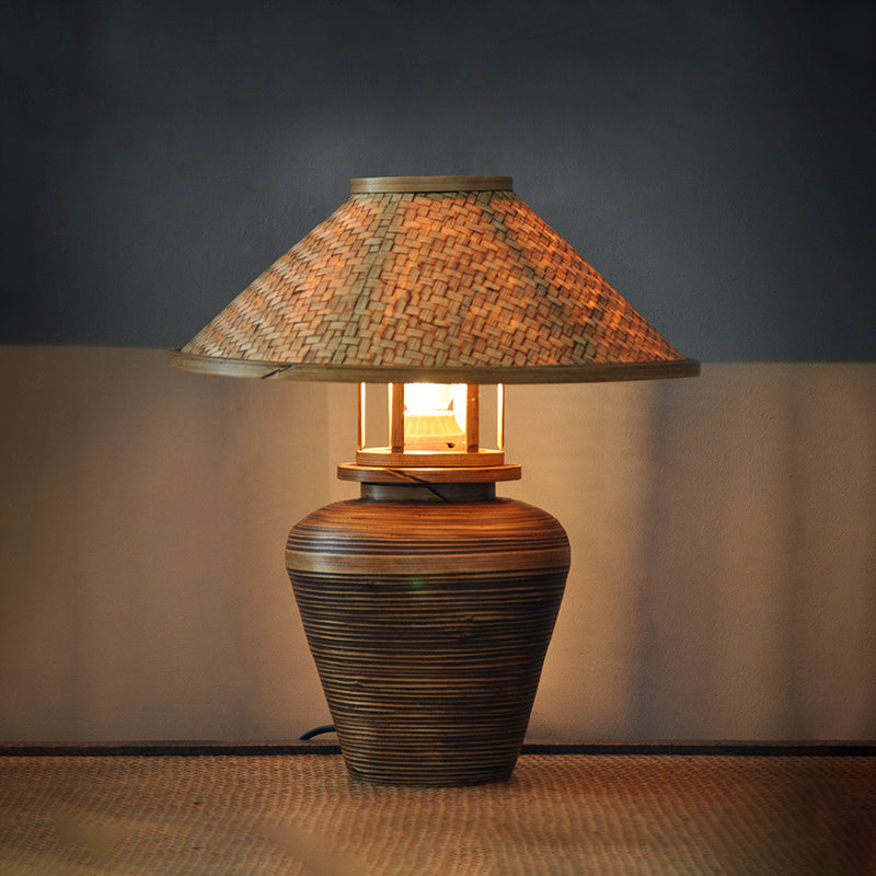 Asian Urn Desk Lamp Wood 1 Head Task Lighting in Brown with Tapered Bamboo Shade Clearhalo 'Lamps' 'Table Lamps' Lighting' 384748