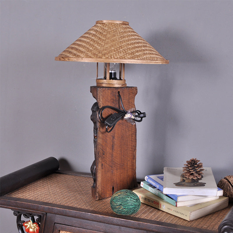 Bamboo Wide Flare Task Light Asia 1 Head Beige Small Desk Lamp with Wood Elephant Clearhalo 'Lamps' 'Table Lamps' Lighting' 384753