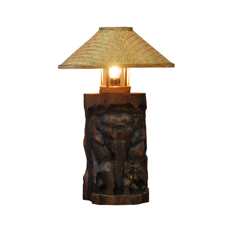 Bamboo Wide Flare Task Light Asia 1 Head Beige Small Desk Lamp with Wood Elephant Clearhalo 'Lamps' 'Table Lamps' Lighting' 384754