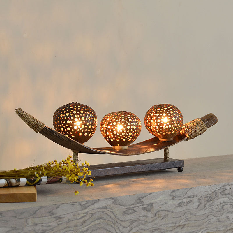 3 Heads Living Room Desk Lamp Asia Brown Task Lighting with Laser Cut Wood Shade Brown Clearhalo 'Lamps' 'Table Lamps' Lighting' 384756