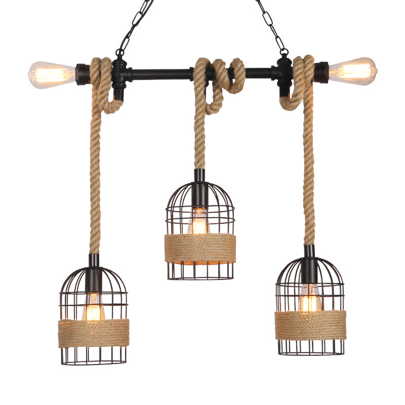 3/5 Bulbs Pendant Lighting with Birdcage and Natural Rope Loft Industrial Restaurant Ceiling Hanging Light in Black Clearhalo 'Art Deco Pendants' 'Black' 'Cast Iron' 'Ceiling Lights' 'Ceramic' 'Crystal' 'Industrial Pendants' 'Industrial' 'Metal' 'Middle Century Pendants' 'Pendant Lights' 'Pendants' 'Rustic Pendants' 'Tiffany' Lighting' 38719