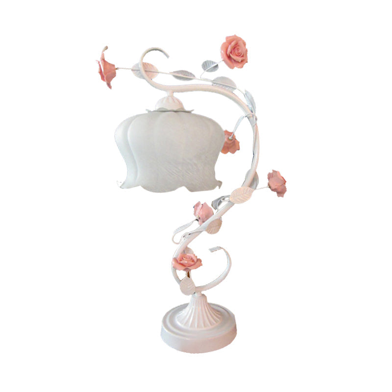 Scalloped White Glass Table Light Country Style 1 Head Bedroom LED Nightstand Lamp with Rose Clearhalo 'Lamps' 'Table Lamps' Lighting' 391259