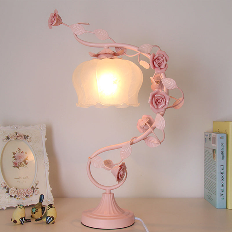 Pastoral Bloom Nightstand Lamp 1 Bulb Frosted White Glass Night Table Light in Pink Clearhalo 'Lamps' 'Table Lamps' Lighting' 391262