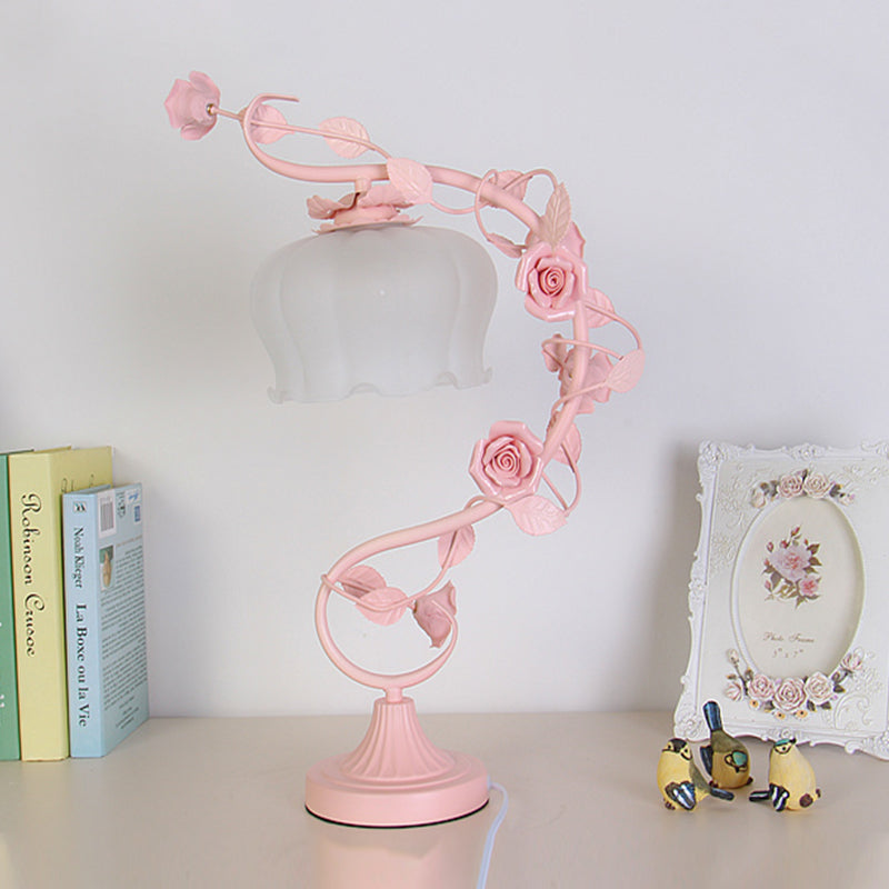 Pastoral Bloom Nightstand Lamp 1 Bulb Frosted White Glass Night Table Light in Pink Clearhalo 'Lamps' 'Table Lamps' Lighting' 391263