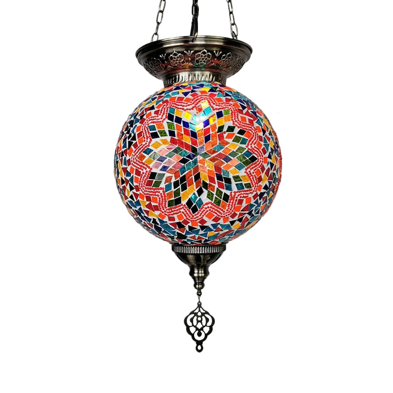 1 Light Stained Art Glass Pendant Light Kit Vintage White/Red/Blue Globe Dining Room Hanging Ceiling Light Red Clearhalo 'Ceiling Lights' 'Glass shade' 'Glass' 'Pendant Lights' 'Pendants' Lighting' 391298