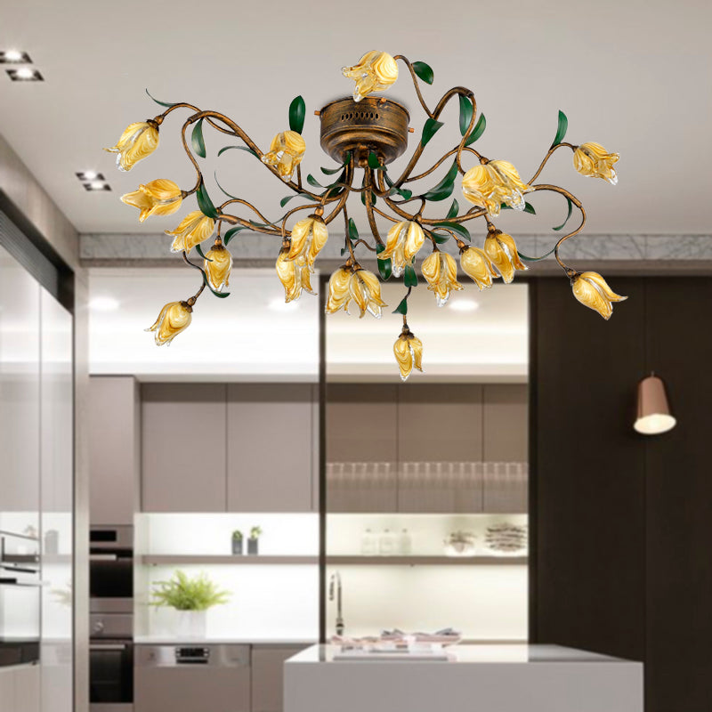 Brass 20-Light Chandelier Lighting Pastoral Metal Tulip LED Hanging Ceiling Light for Kitchen Clearhalo 'Ceiling Lights' 'Chandeliers' Lighting' options 391448