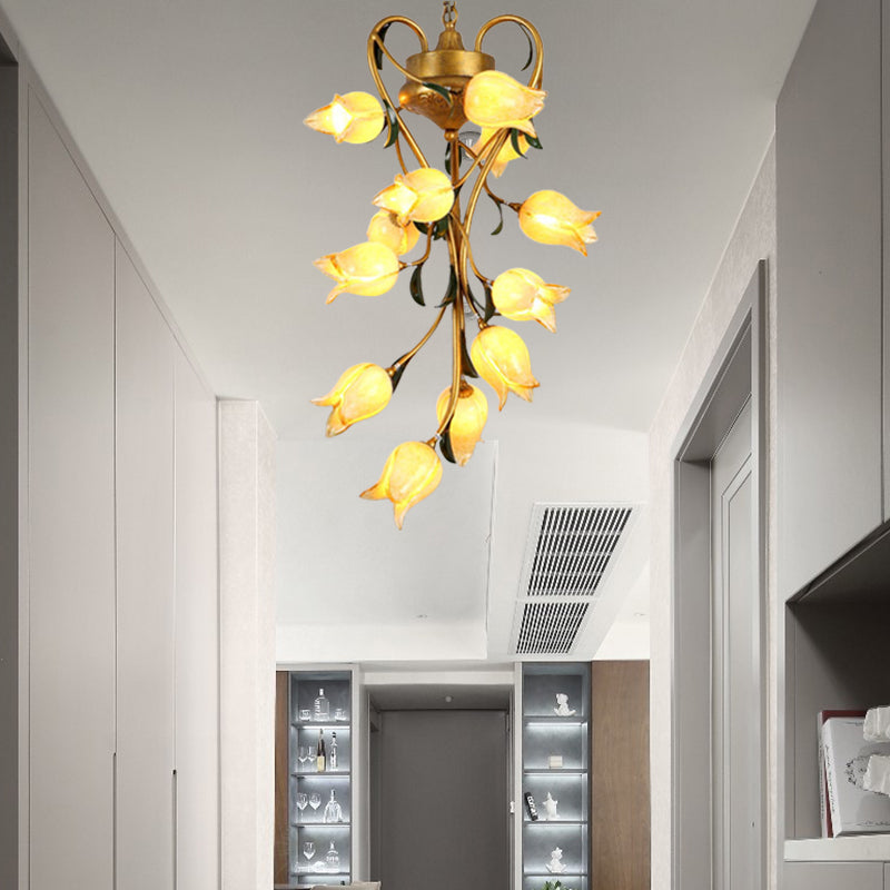 12 Bulbs Metal Hanging Chandelier American Garden Brass Blossom Living Room LED Pendant Lighting Fixture Clearhalo 'Ceiling Lights' 'Chandeliers' Lighting' options 391469