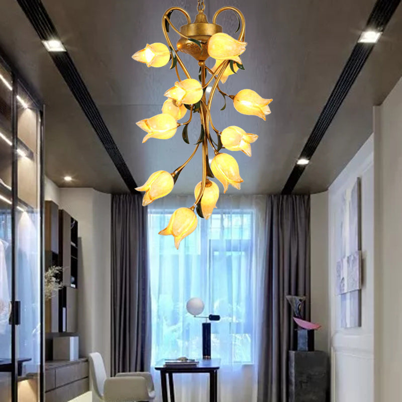 12 Bulbs Metal Hanging Chandelier American Garden Brass Blossom Living Room LED Pendant Lighting Fixture Clearhalo 'Ceiling Lights' 'Chandeliers' Lighting' options 391470