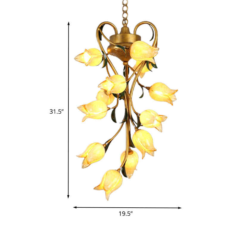 12 Bulbs Metal Hanging Chandelier American Garden Brass Blossom Living Room LED Pendant Lighting Fixture Clearhalo 'Ceiling Lights' 'Chandeliers' Lighting' options 391473