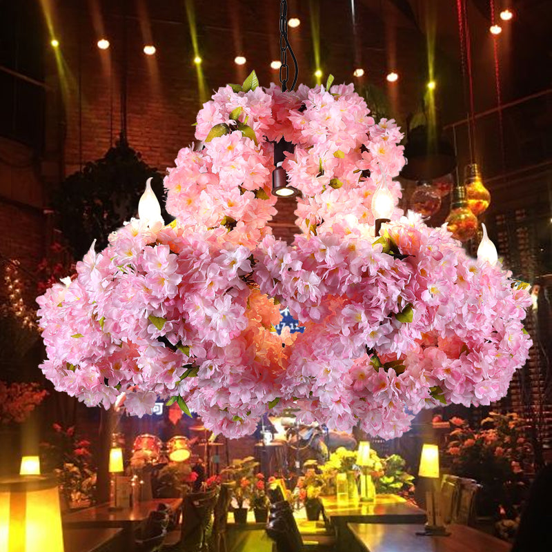 Metal Floral Chandelier Lamp Industrial 7 Lights Restaurant Ceiling Pendant in Pink Pink Clearhalo 'Cast Iron' 'Ceiling Lights' 'Chandeliers' 'Industrial Chandeliers' 'Industrial' 'Metal' 'Middle Century Chandeliers' 'Rustic Chandeliers' 'Tiffany' Lighting' 391696